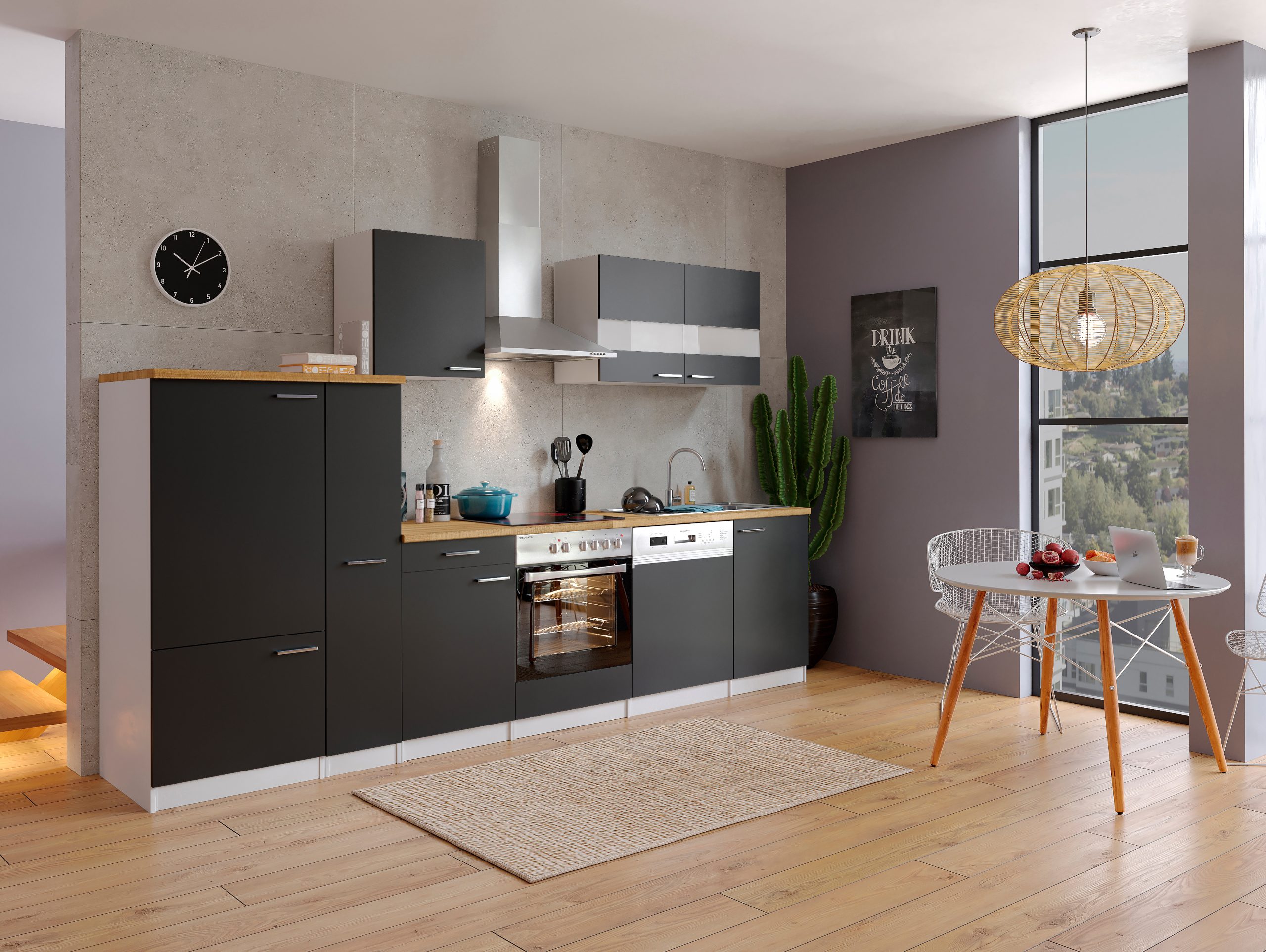 Respekta Küchenzeile KB310WSC 310 cm Weiß - Schwarz mit Glaskeramikkochfeld