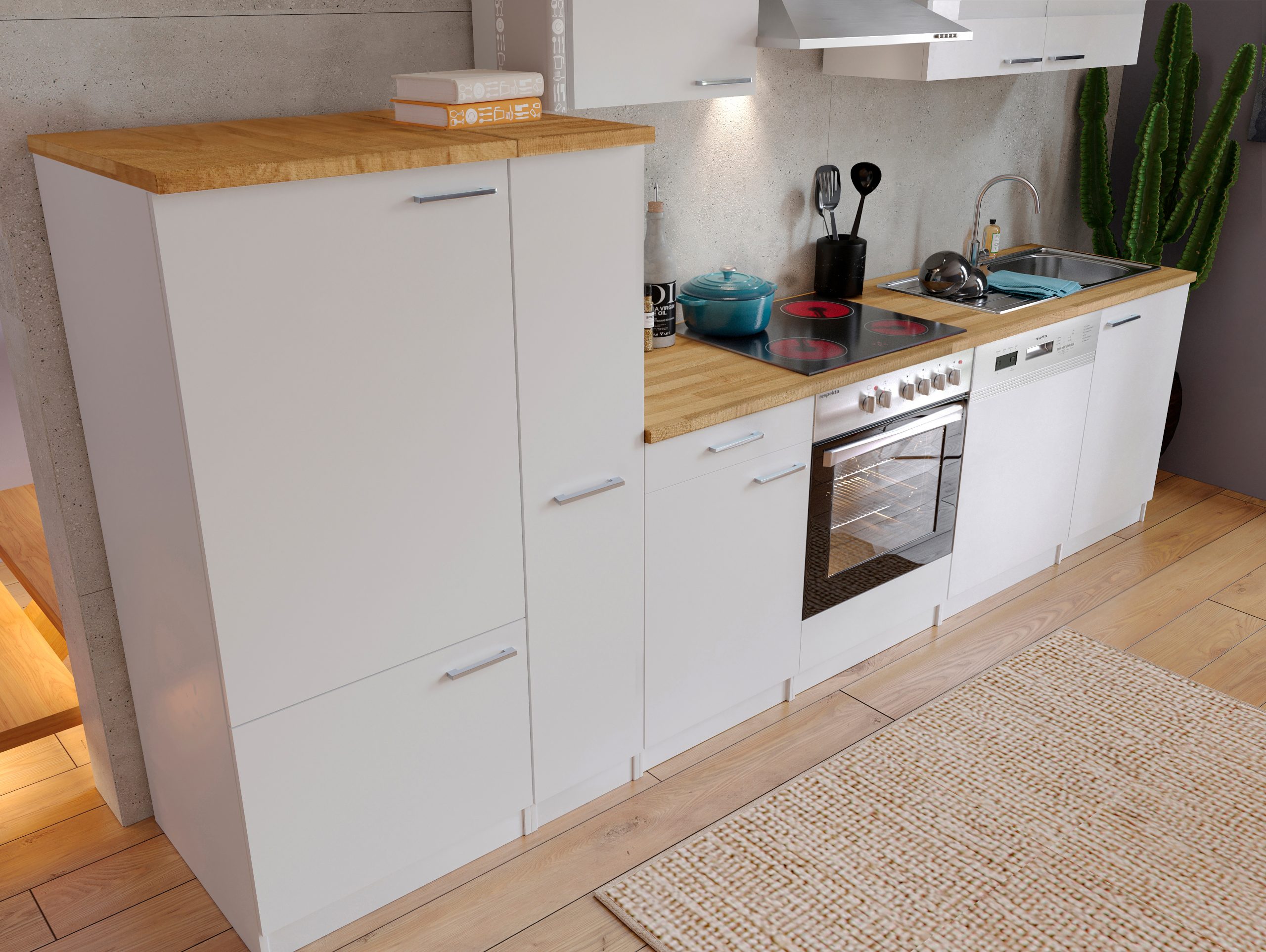 Respekta Küchenzeile KB310WWC 310 cm Weiß mit Glaskeramikkochfeld