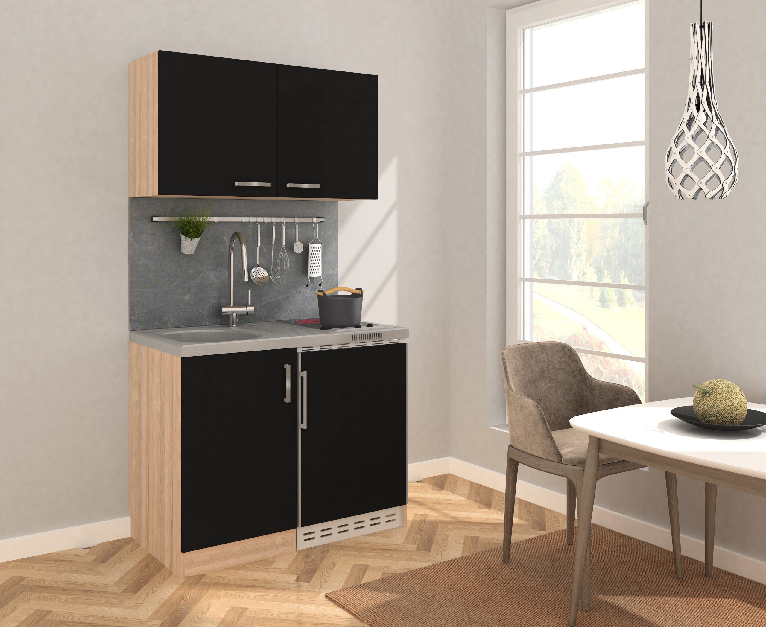 Respekta Miniküche MK100ESSOSC 100 cm schwarz - Glaskeramikkochfeld