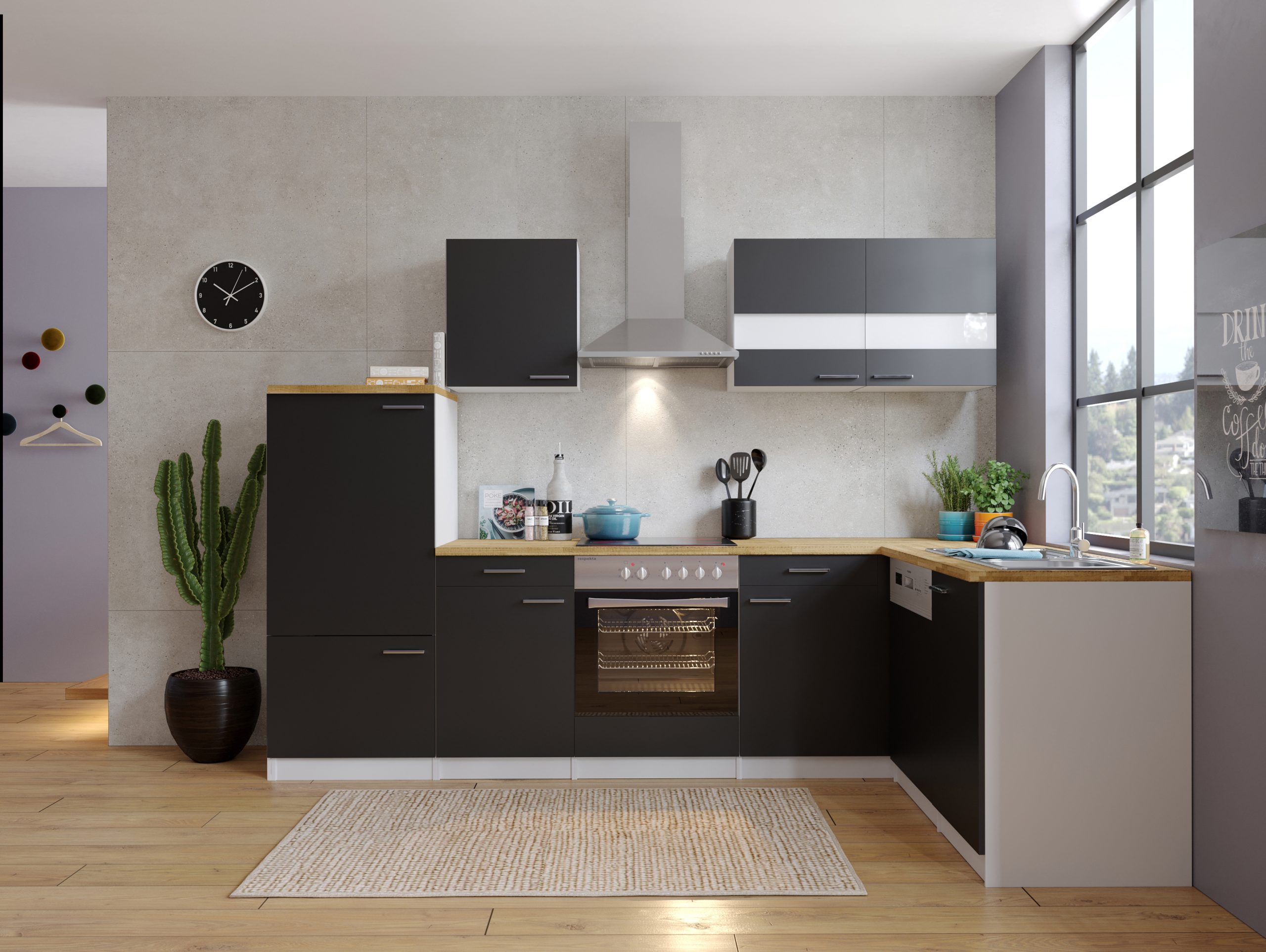 Respekta Winkelküche KBL280WSCG 280 cm Weiß - Schwarz