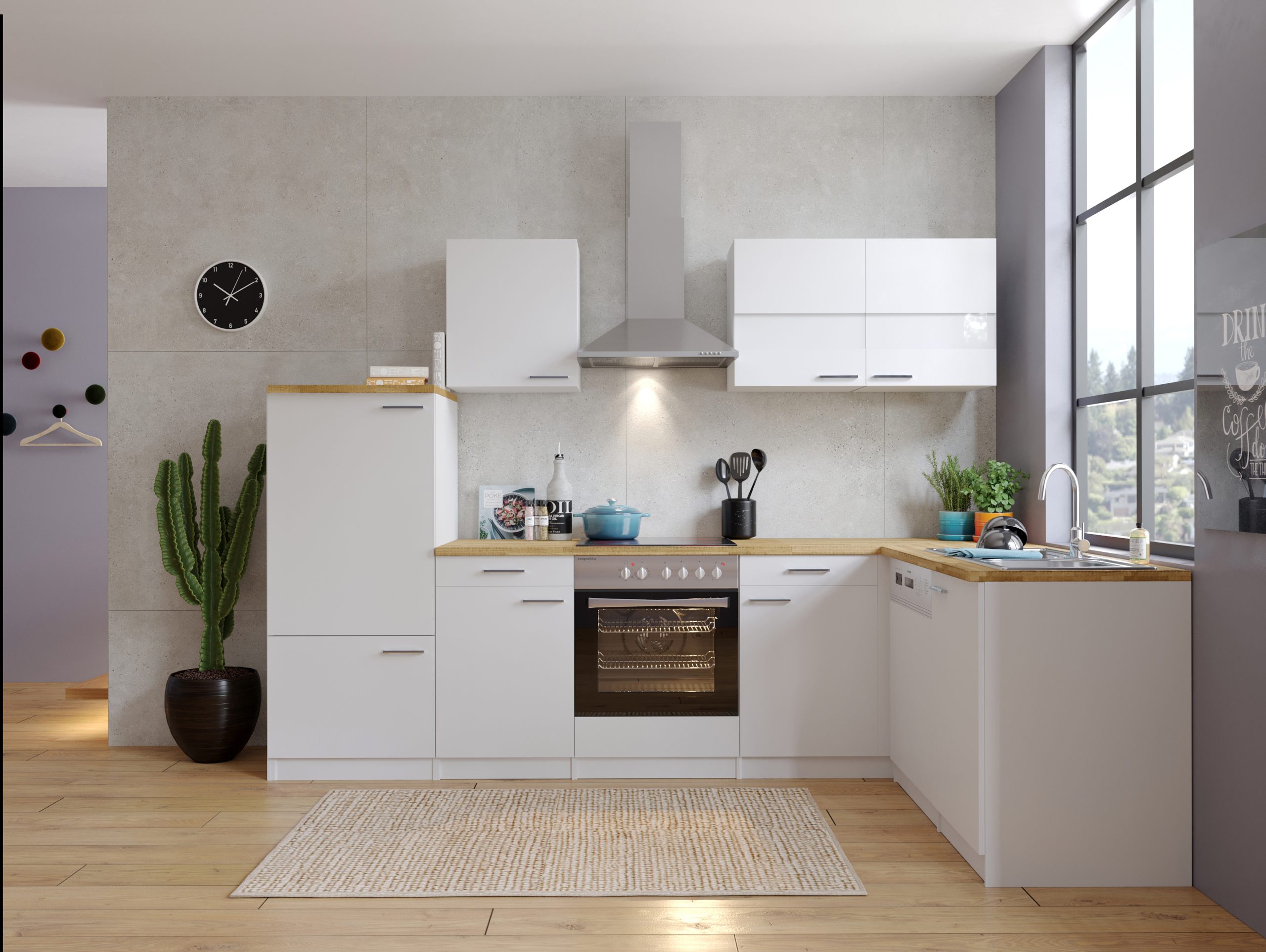 Respekta Winkelküche KBL280WSCG 280 cm Weiß - Weiß