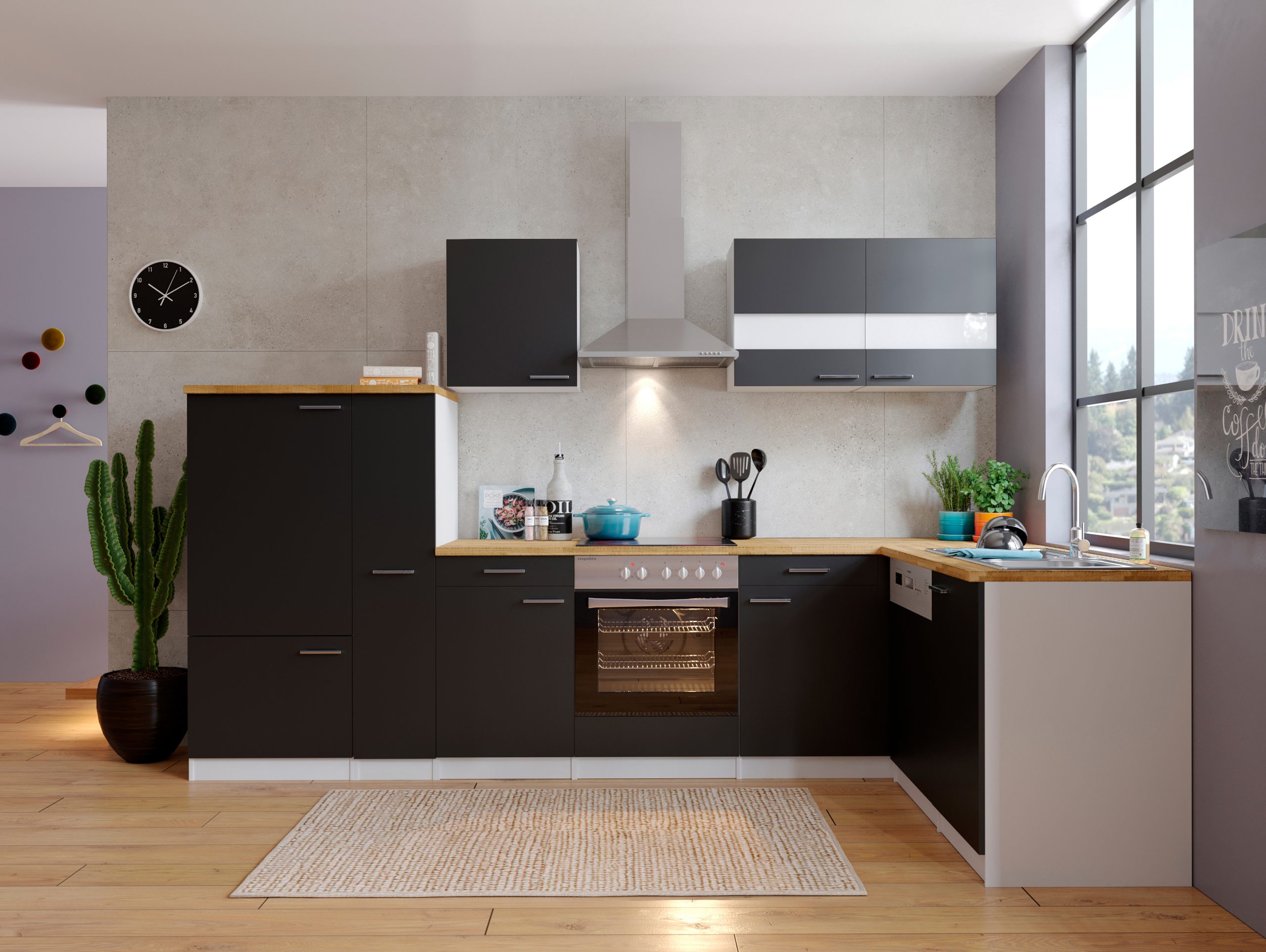 Respekta Winkelküche KBL310WGCG 310cm  Weiß - Schwarz