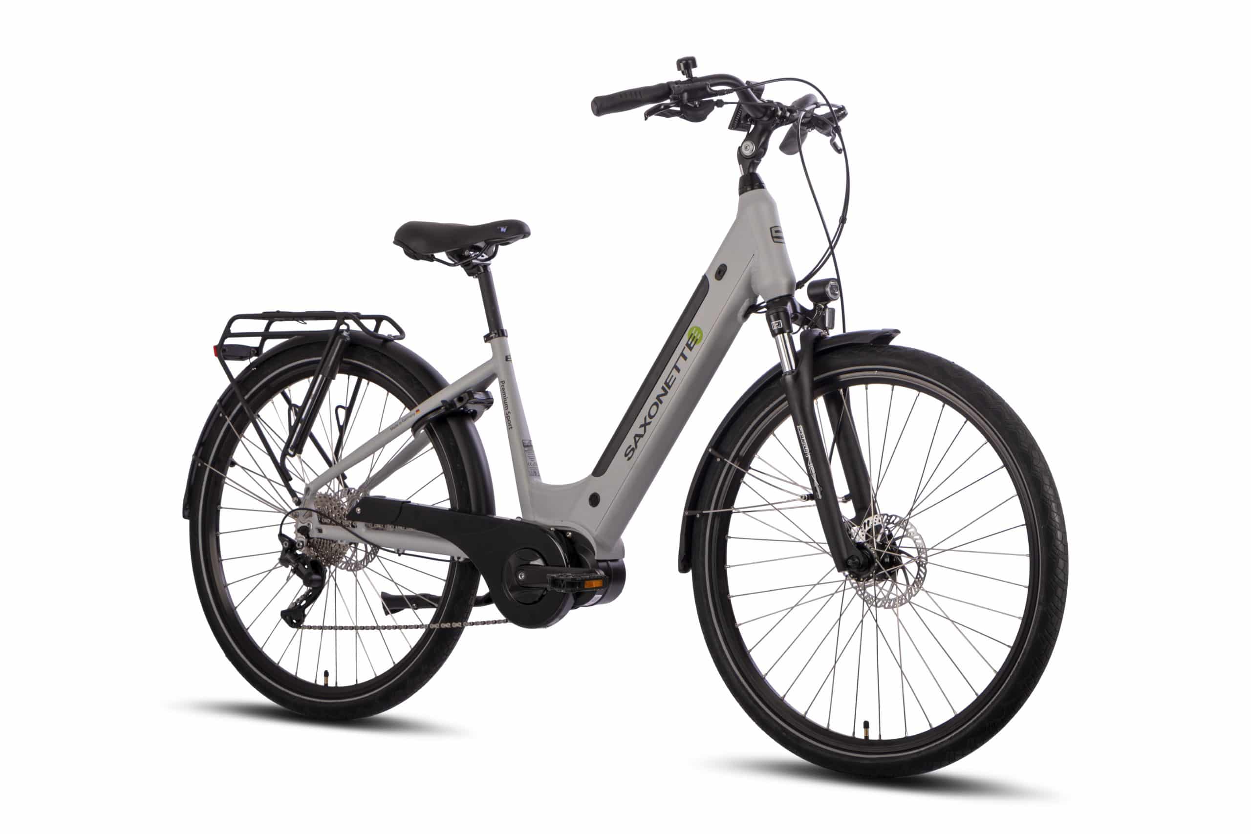 SAXONETTE Premium Sport E-Bike Scheibenbremsen Federgabel Mittelmotor 10 Gang Kettenschaltung Wave silber matt