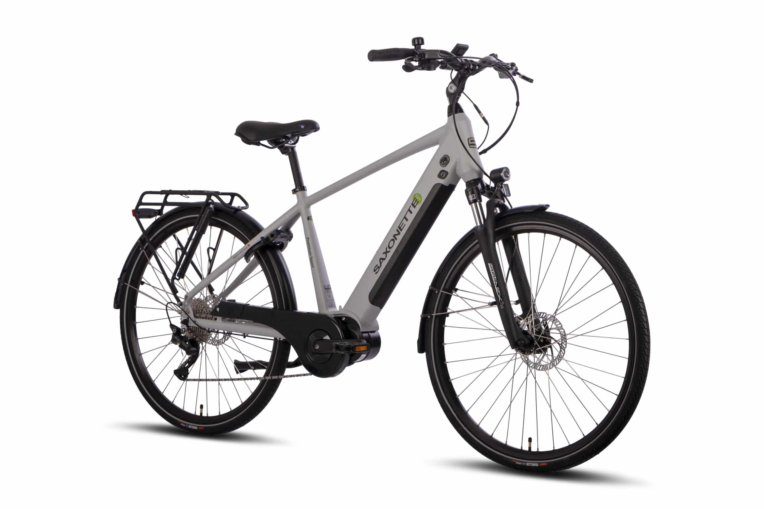 SAXONETTE Premium Sport  E-Trekkingbike 10 Gang Scheibenbremse Federgabel Mittelmotor silber matt