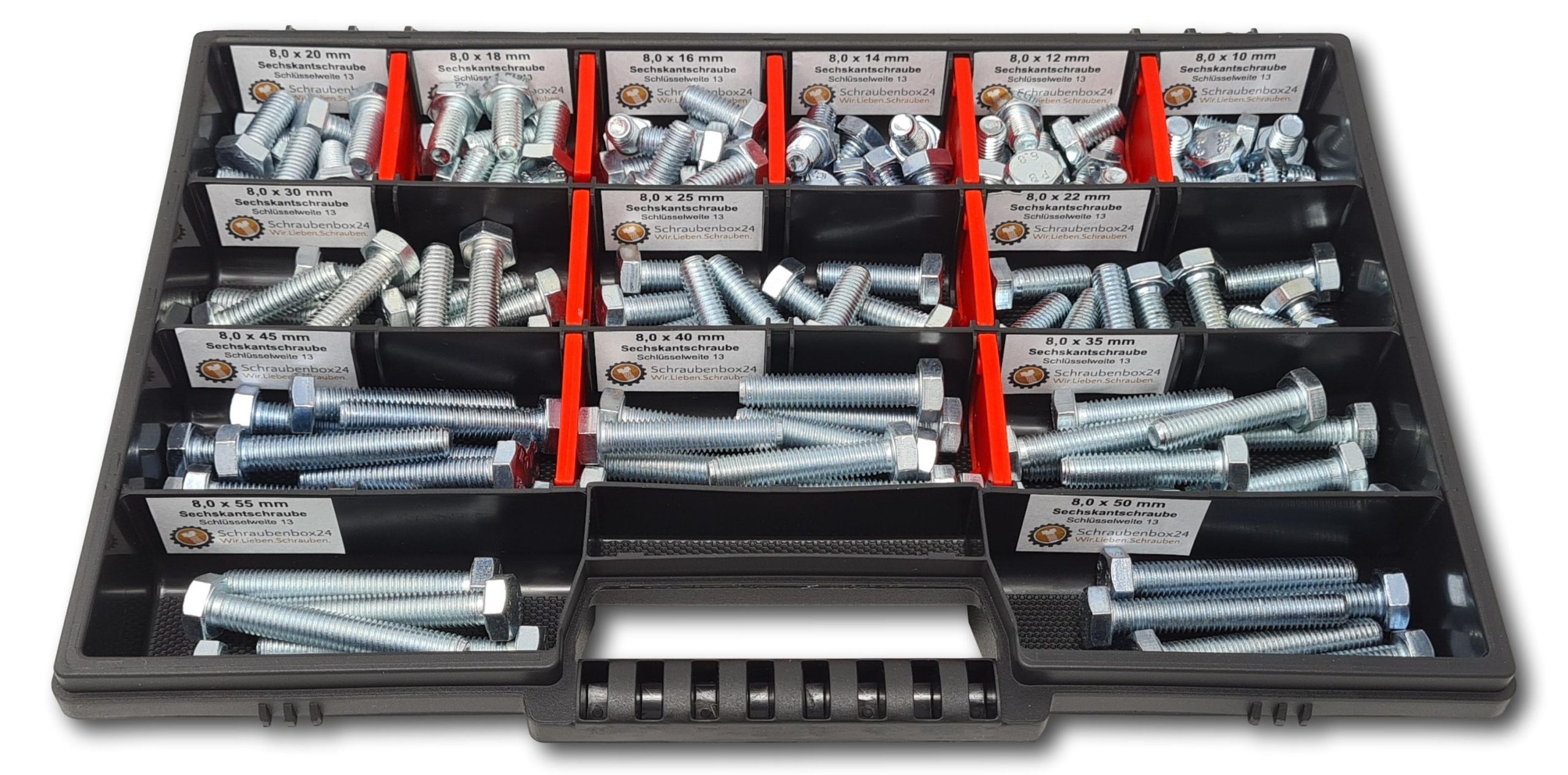 Sechskantschrauben Sortiment M8 // 10mm-55mm 130 tlg. Schraubenbox DIN 933 Vollgewindeschrauben Maschinenschrauben Gewindeschrauben Sechskantschrauben