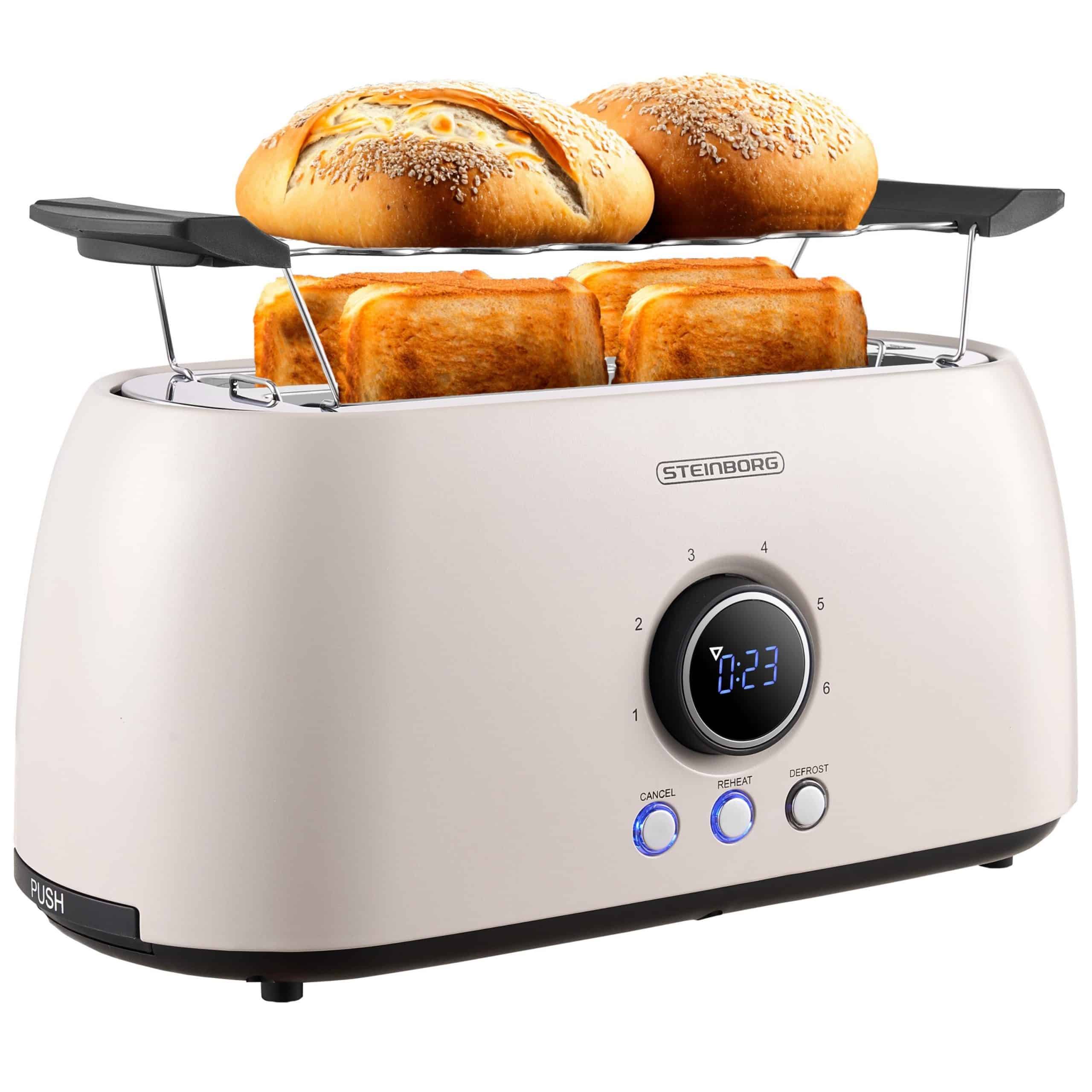 Steinborg 4 Scheiben XXL Toaster Digitales Display m. Brötchenaufsatz Beige