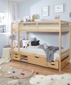 TiCAA Etagenbett Finn Natur mit 4er Funktionsschubkasten