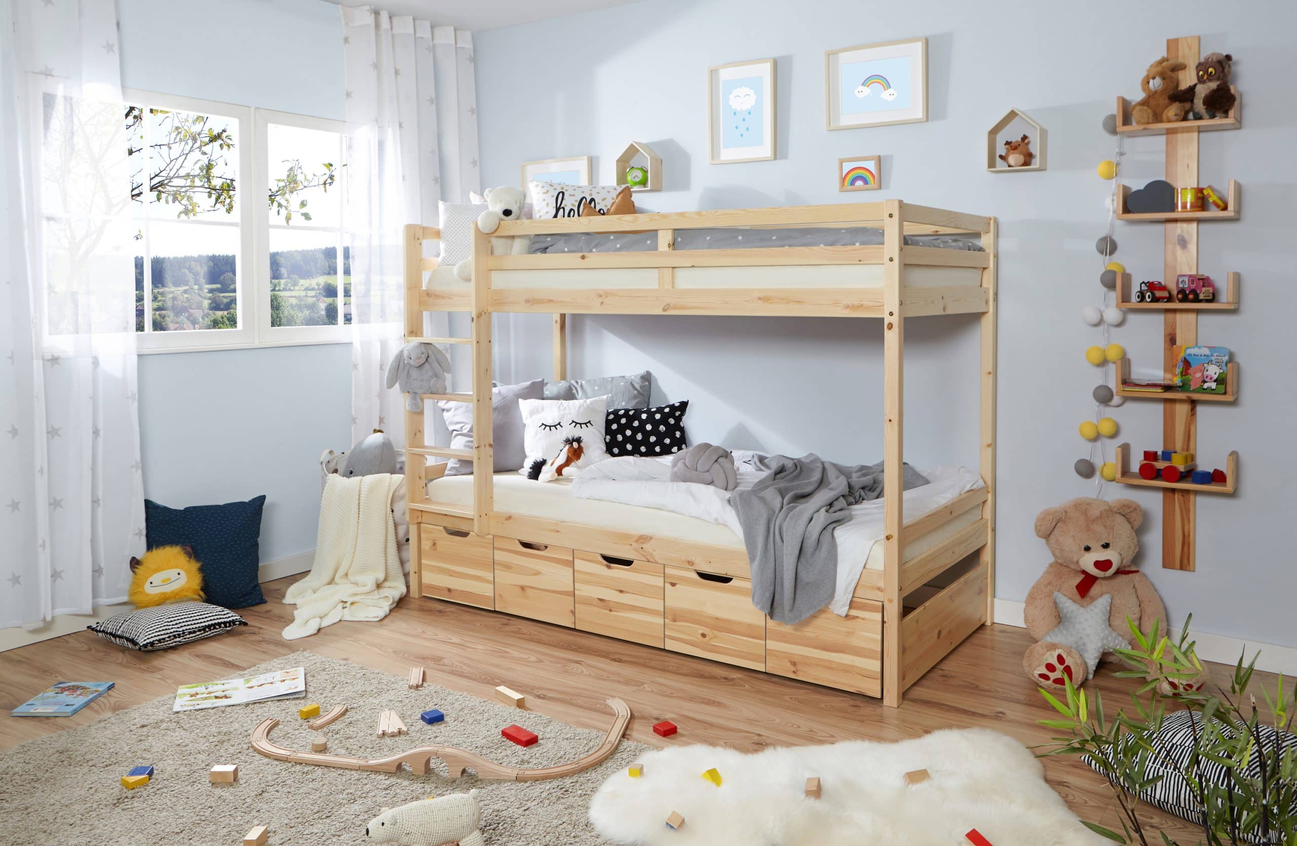 TiCAA Etagenbett Finn Natur mit 5er Schubkästen
