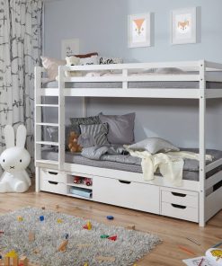 TiCAA Etagenbett Finn Weiß mit 4er Funktionsschubkasten