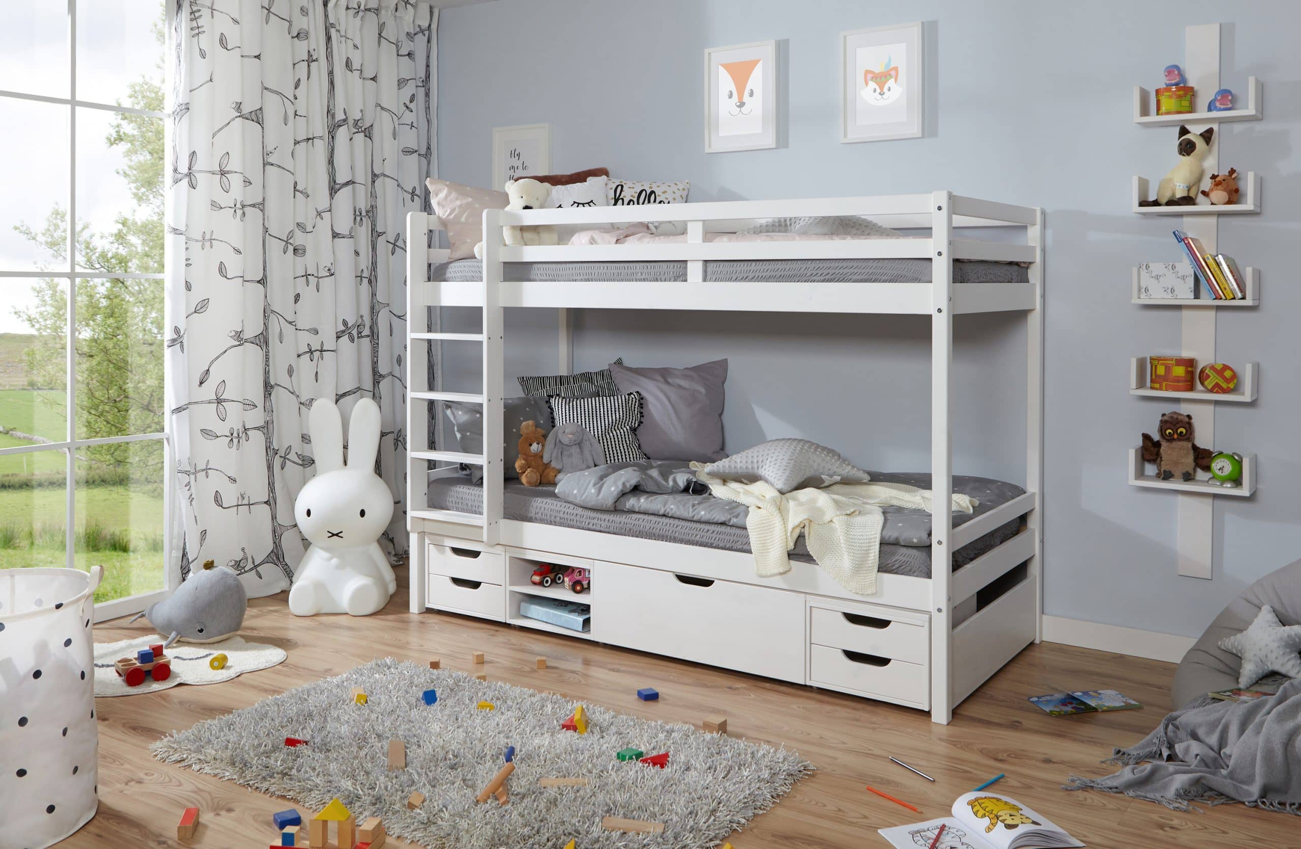 TiCAA Etagenbett Finn Weiß mit 4er Funktionsschubkasten