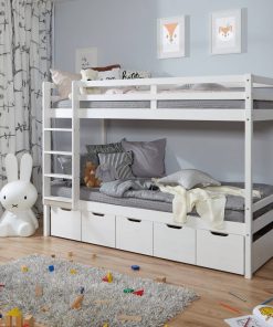 TiCAA Etagenbett Finn Weiß mit 5er Schubkästen