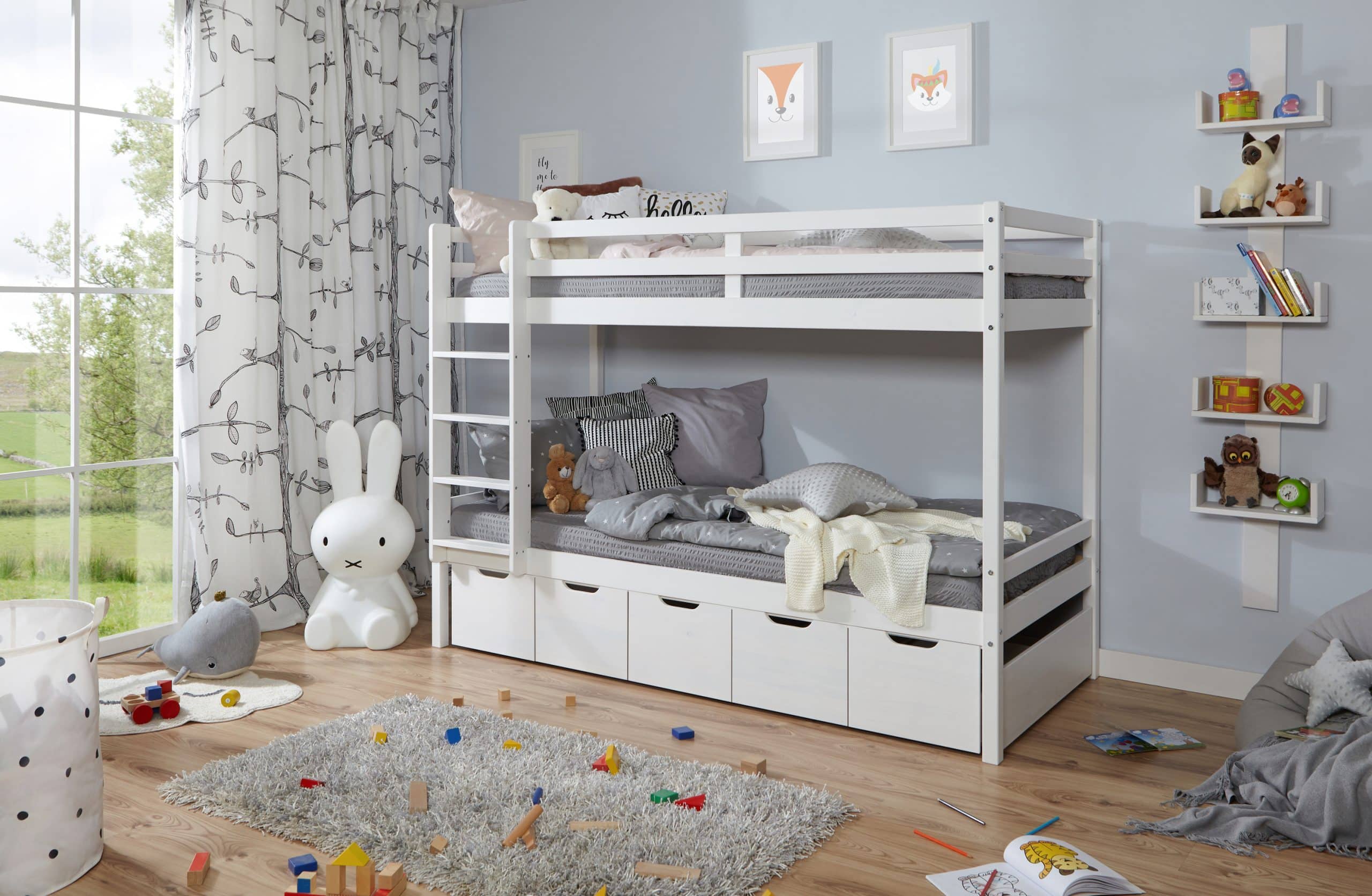 TiCAA Etagenbett Finn Weiß mit 5er Schubkästen