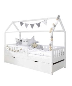 TiCAA Hausbett "Traumhaus" mit 2er Schubkästen Kiefer Weiß