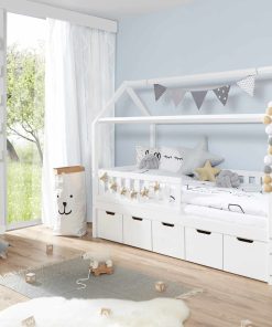 TiCAA Hausbett "Traumhaus" mit 5er Schubkästen Kiefer Weiß