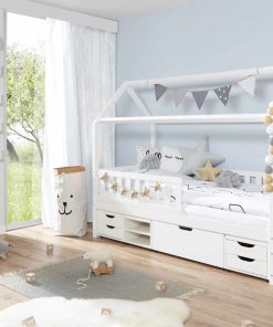 TiCAA Hausbett "Traumhaus" mit Funktionsschubkasten Kiefer Weiß