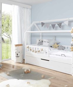 TiCAA Hausbett "Traumhaus" mit Zusatzbett Kiefer Weiß