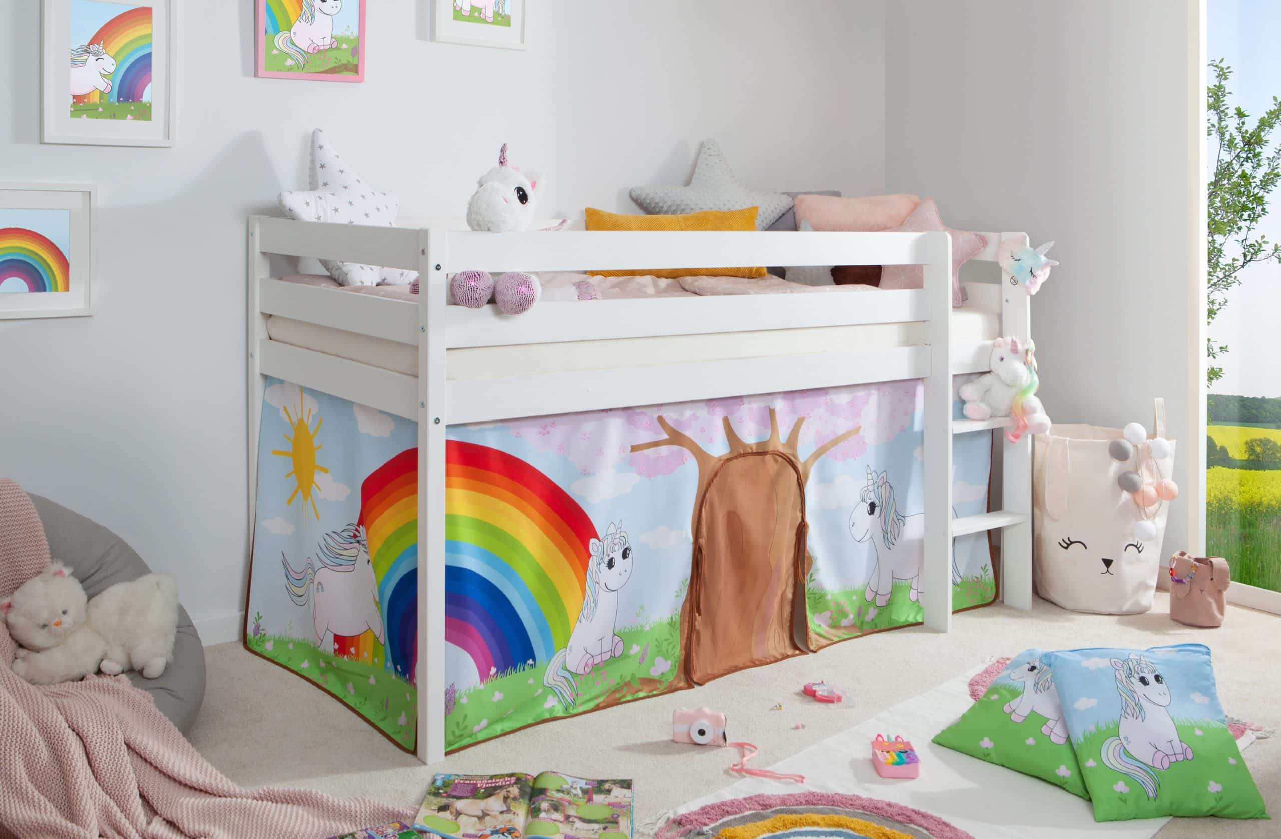 TiCAA Hochbett "Einhorn Rainbow" Kiefer weiß