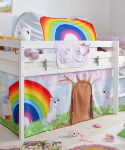 TiCAA Hochbett "Einhorn Rainbow" inkl. Zubehör Kiefer weiß