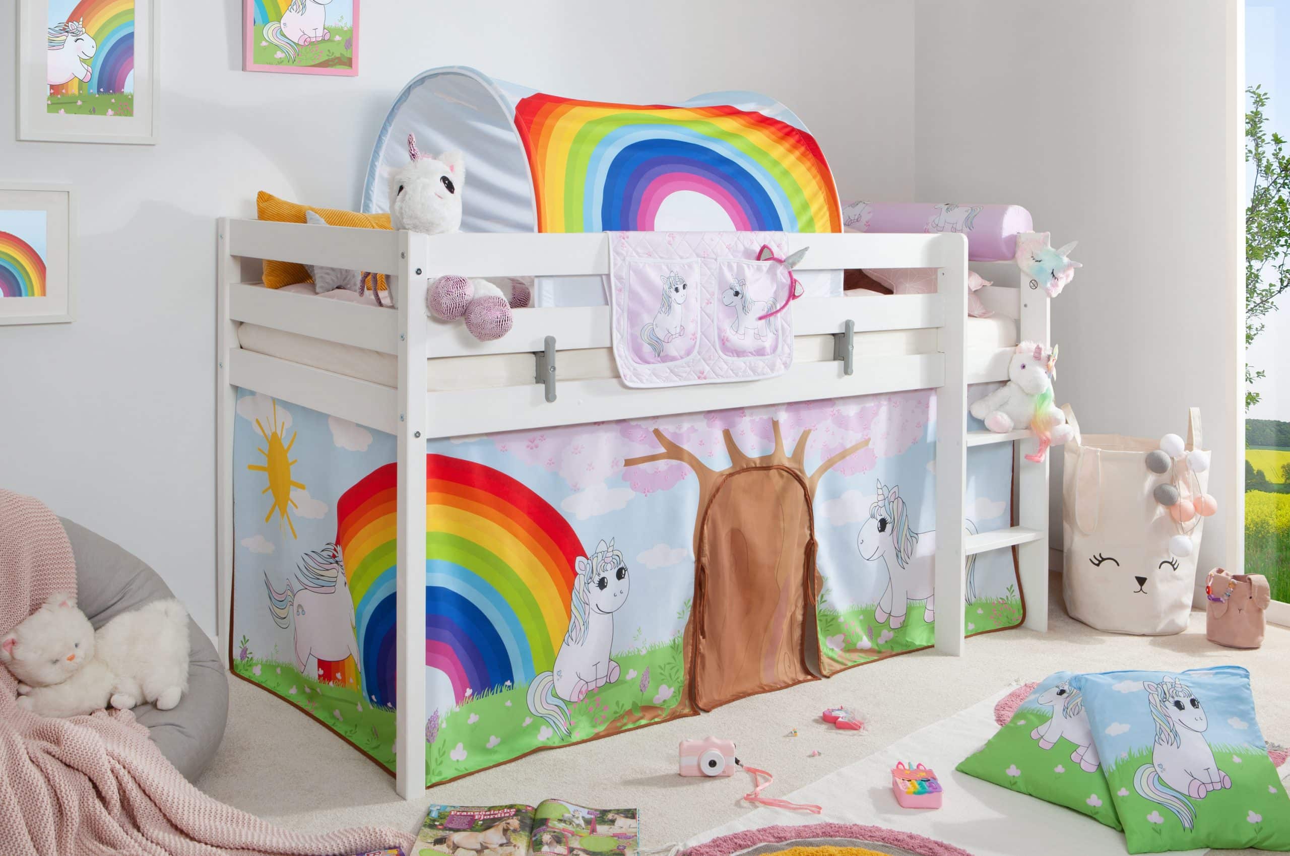 TiCAA Hochbett "Einhorn Rainbow" inkl. Zubehör Kiefer weiß