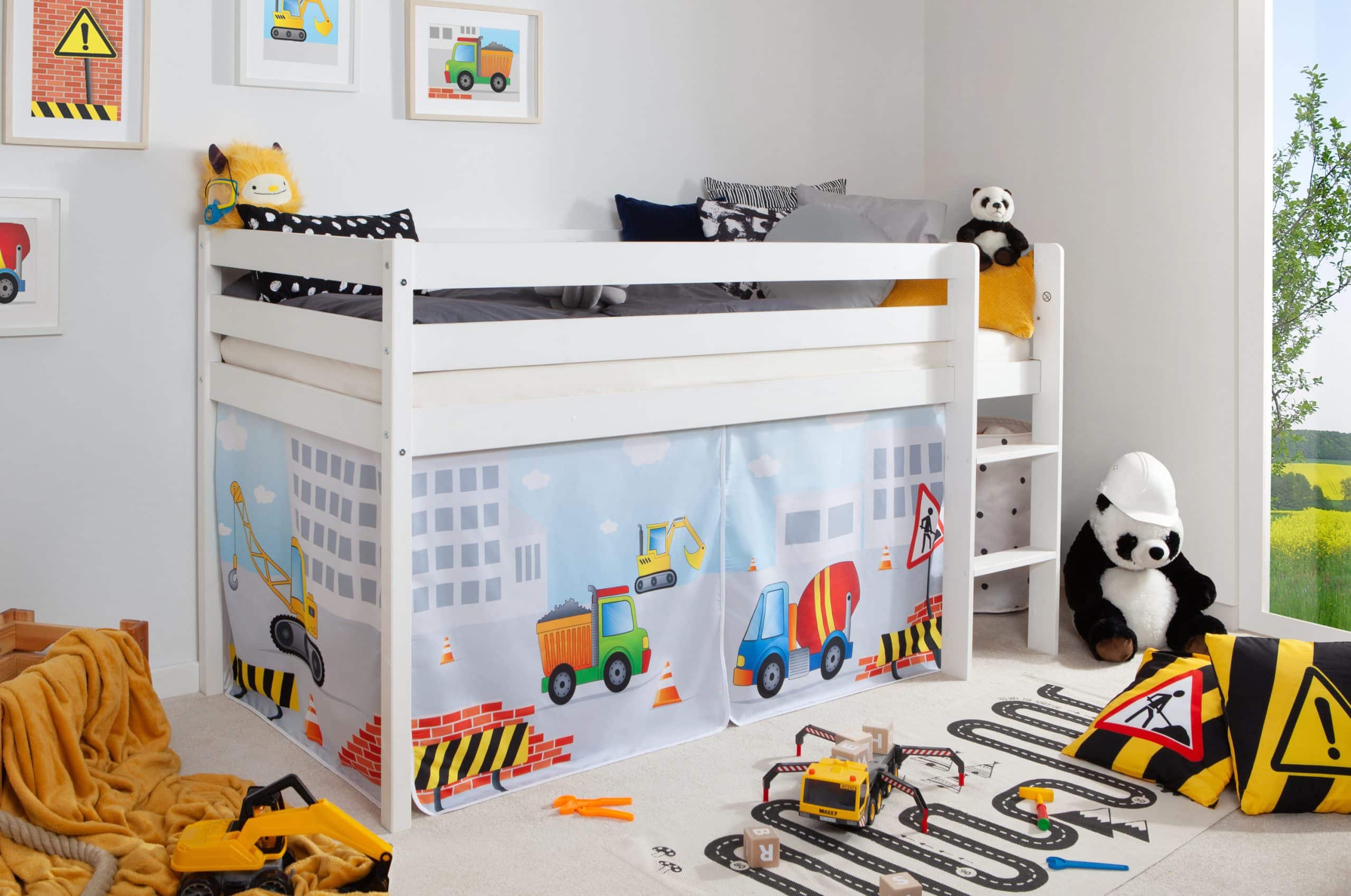 TiCAA Hochbett "Oskars Baustelle" Kiefer weiß