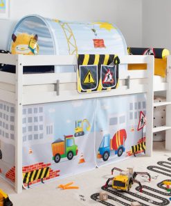 TiCAA Hochbett "Oskars Baustelle" inkl. Zubehör Kiefer weiß