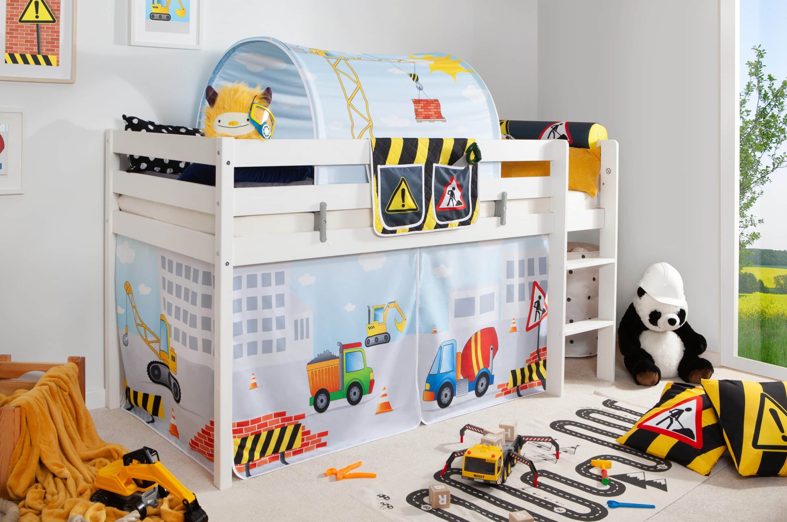 TiCAA Hochbett "Oskars Baustelle" inkl. Zubehör Kiefer weiß