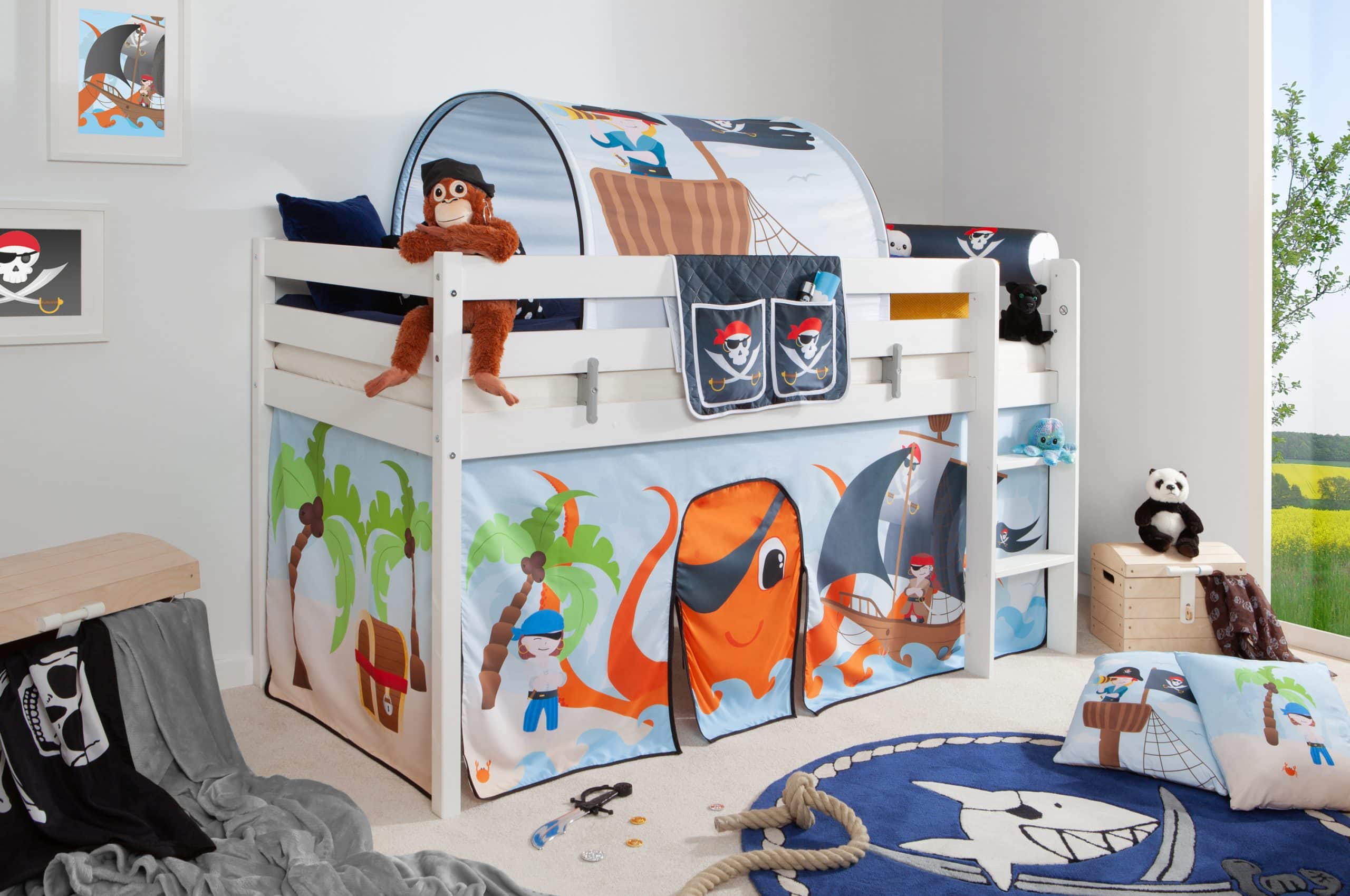 TiCAA Hochbett "Pirat Luan" inkl. Zubehör Kiefer weiß