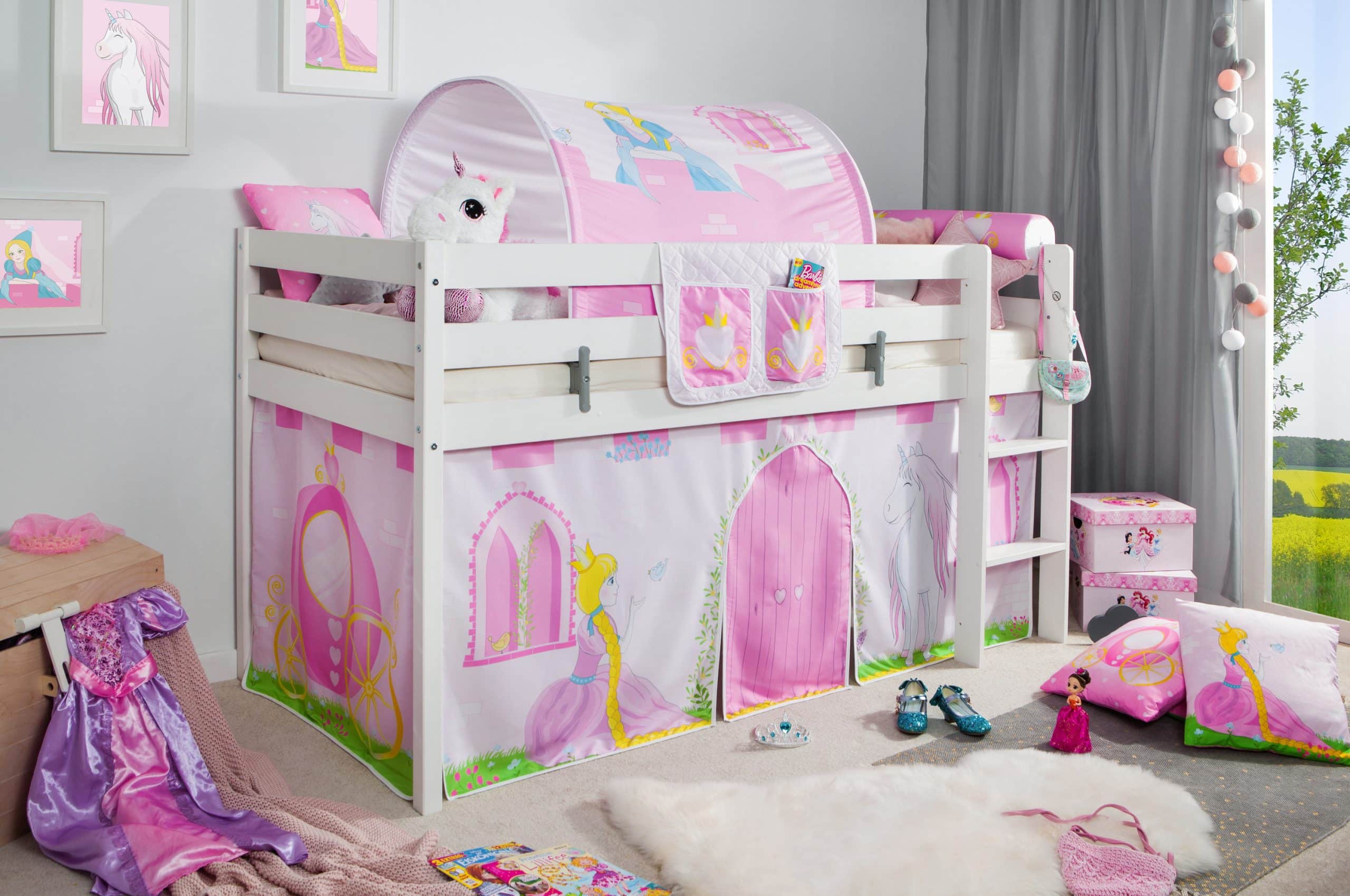 TiCAA Hochbett "Prinzessin Liora" inkl. Zubehör Kiefer weiß