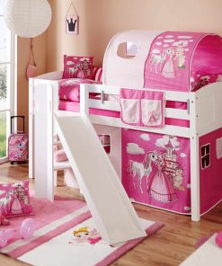 TiCAA Hochbett mit Rutsche Podestbett Ekki Kiefer Weiß inkl. Vorhangstoff