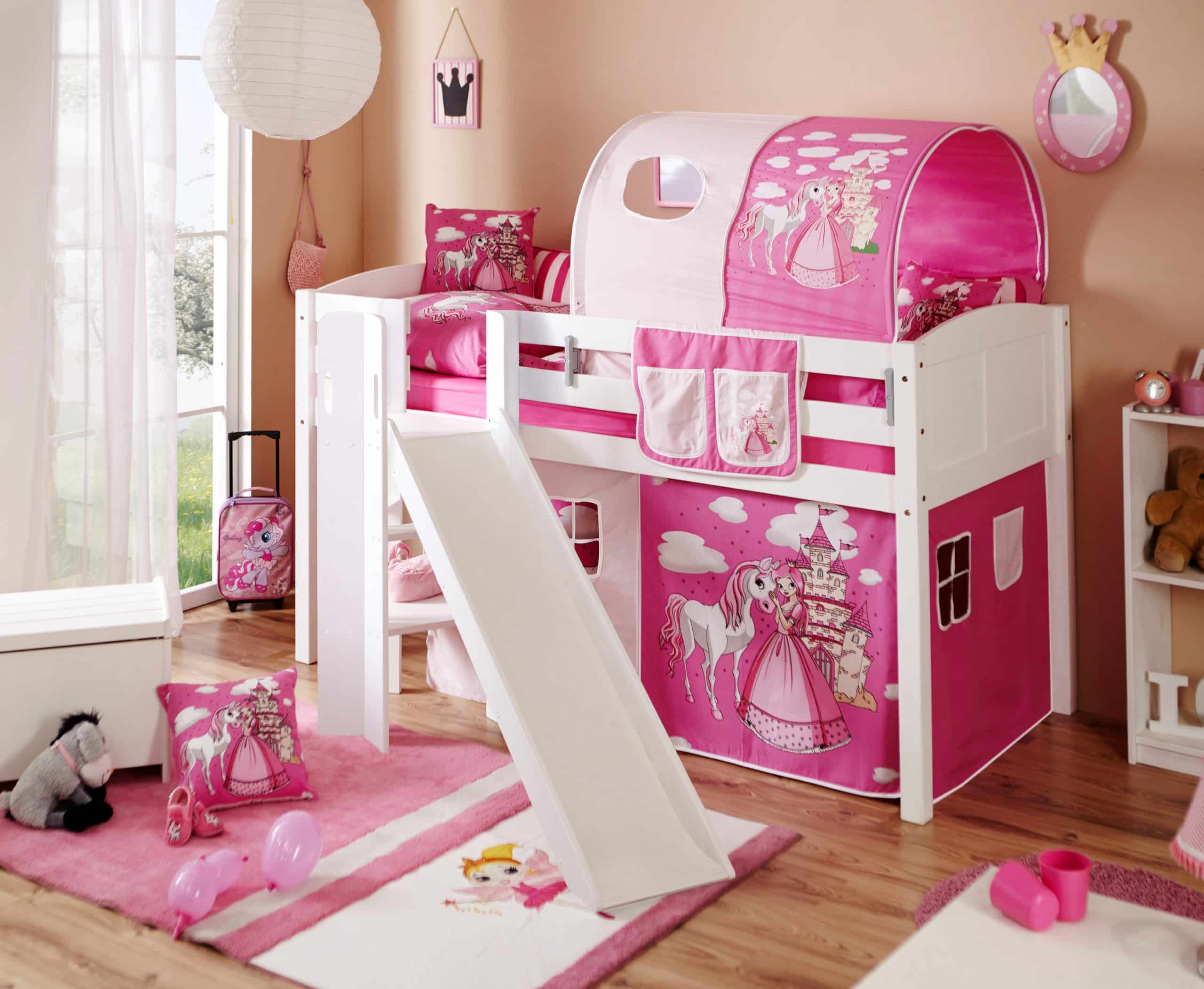 TiCAA Hochbett mit Rutsche Podestbett Ekki Kiefer Weiß inkl. Vorhangstoff