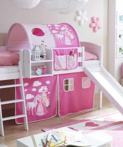 TiCAA Hochbett mit Rutsche Rutschbett "Ekki" Country Kiefer Weiß Motiv