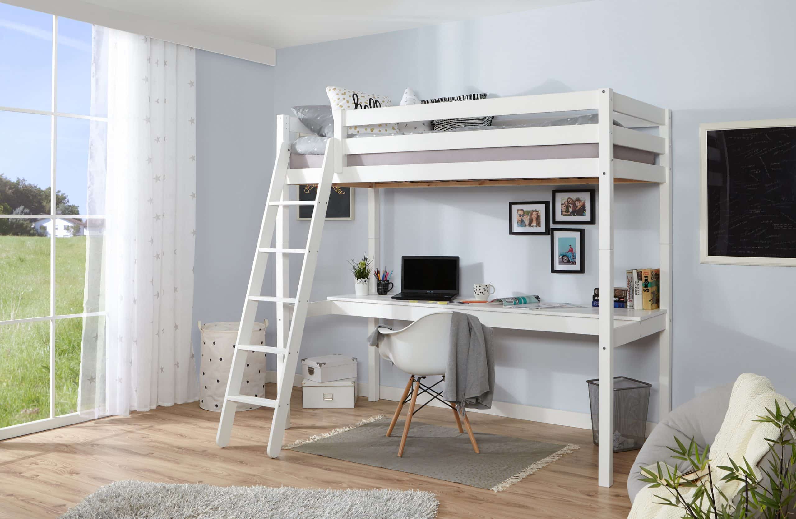 TiCAA Hochbett „Felix“ mit Schreibtisch Kiefer massiv Weiß