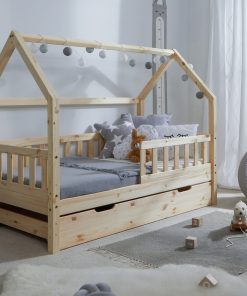 TiCAA Kinderbett Hausbett "Kay" 80x160 inkl. Schubkästen Kiefer natur