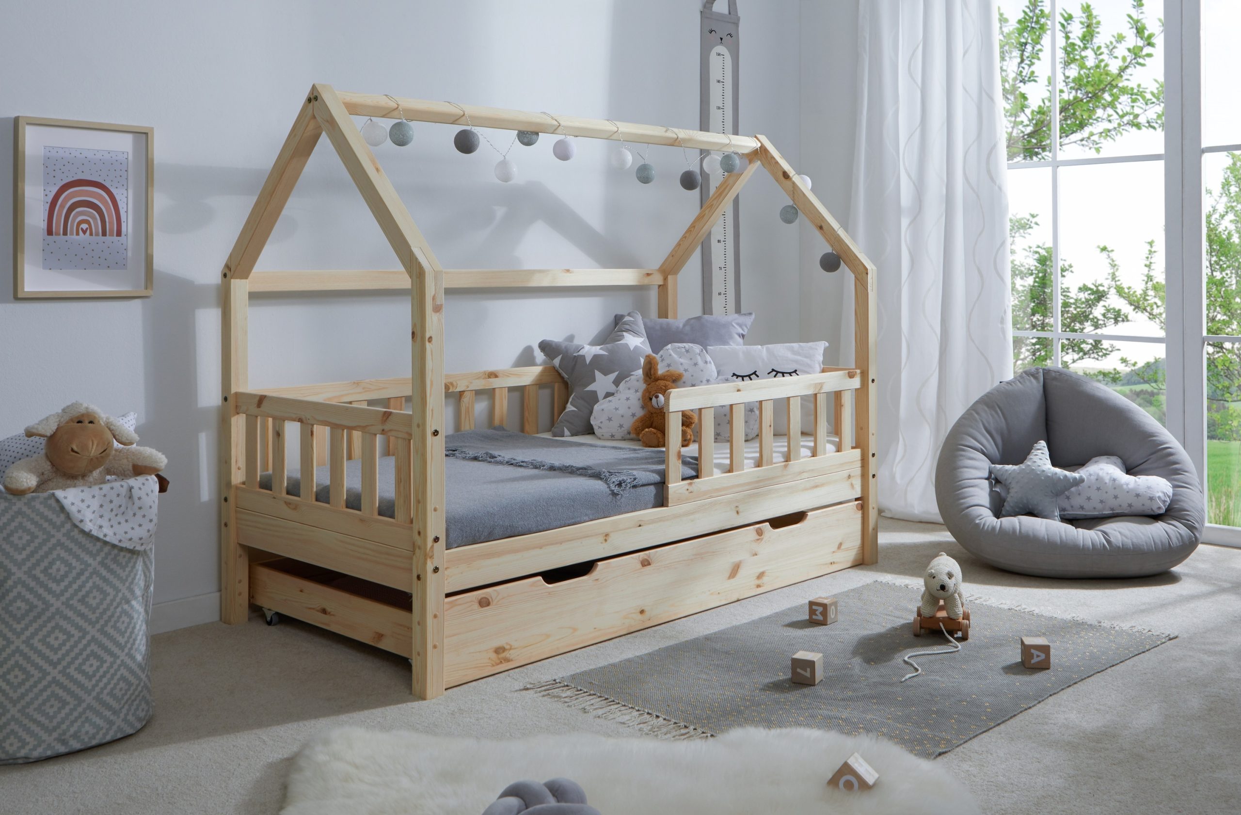 TiCAA Kinderbett Hausbett "Kay" 80x160 inkl. Schubkästen Kiefer natur