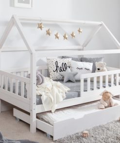 TiCAA Kinderbett Hausbett "Kay" 80x160 inkl. Schubkästen Kiefer weiß