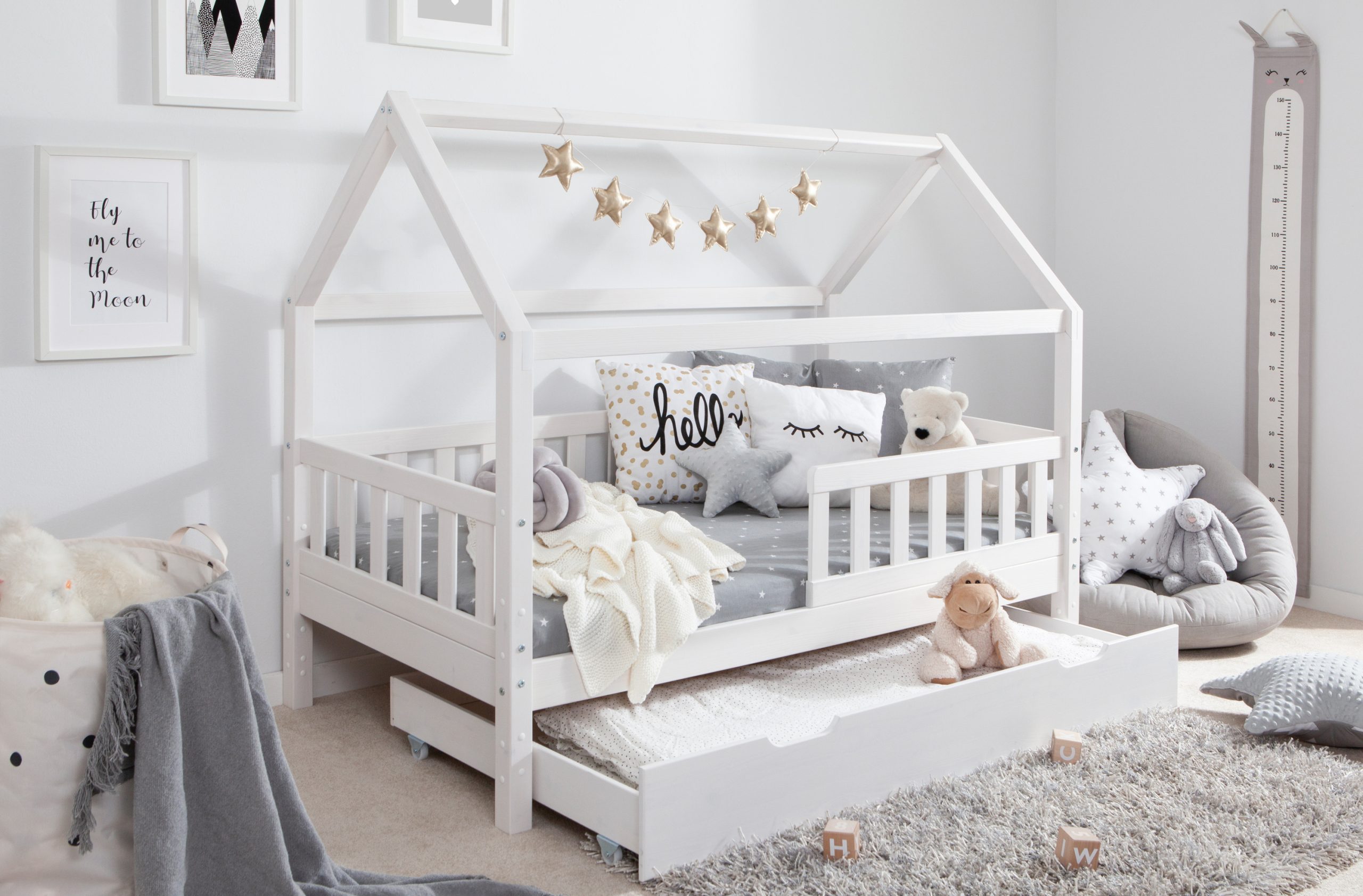 TiCAA Kinderbett Hausbett "Kay" 80x160 inkl. Schubkästen Kiefer weiß