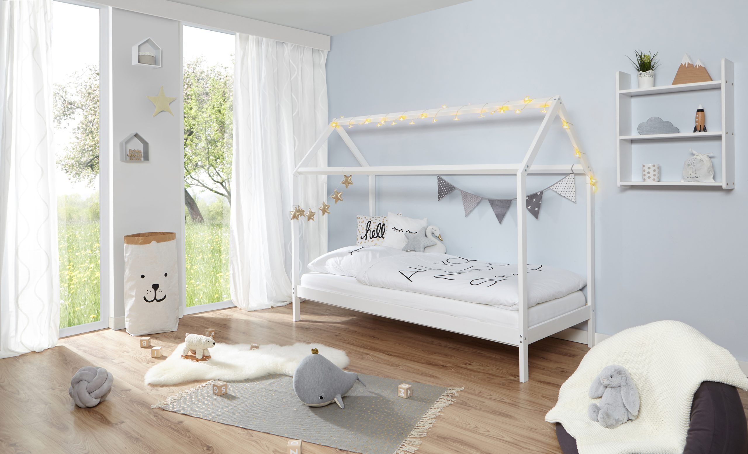 TiCAA Kinderbett Hausbett "Lina" 90x200 cm Kiefer weiß