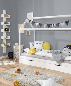 TiCAA Kinderbett Hausbett "Lina" mit Schubkästen 90x200 cm Kiefer weiß