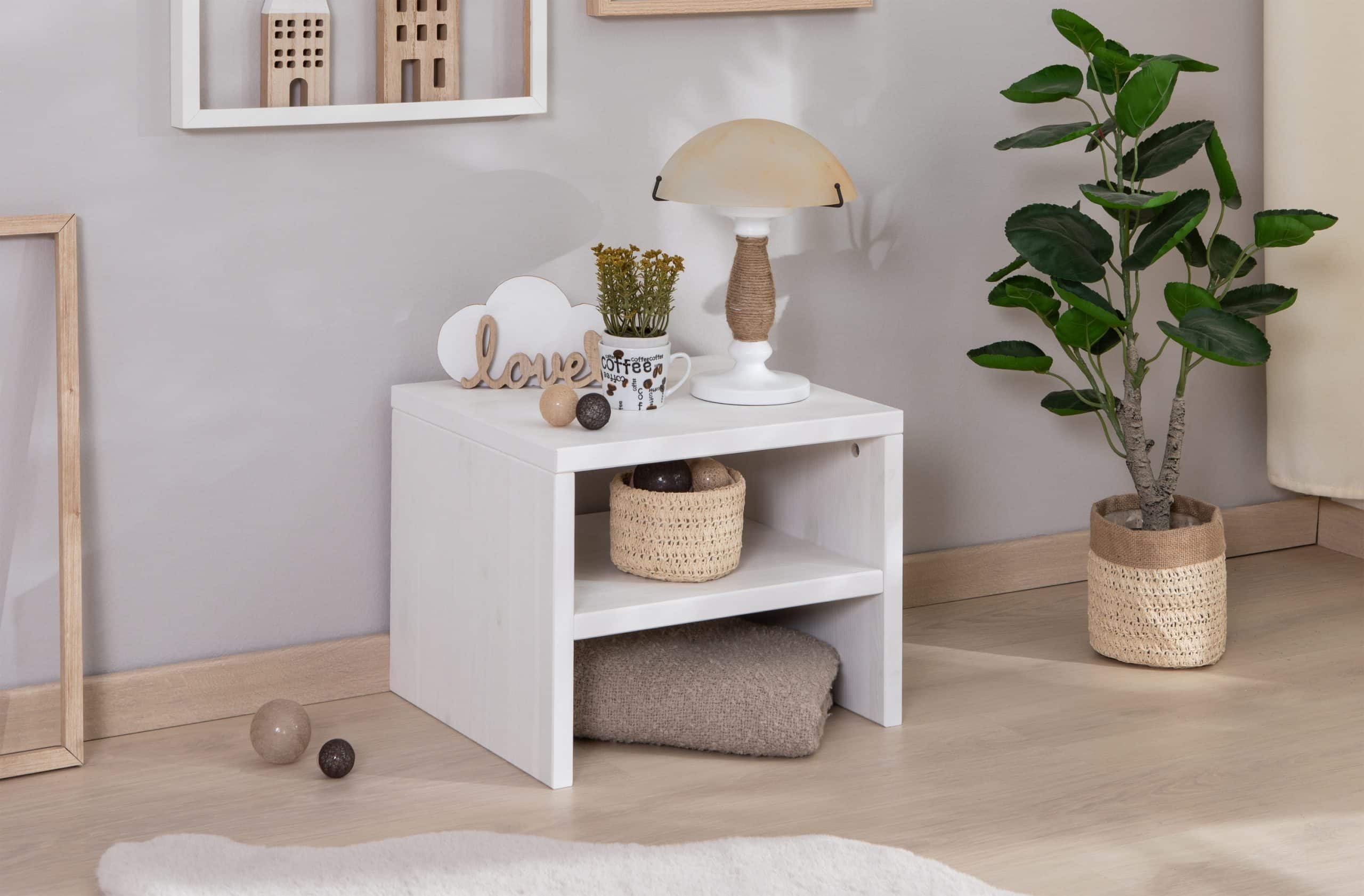 TiCAA Nachttisch Harry Kiefer mit offenen Fach Weiß