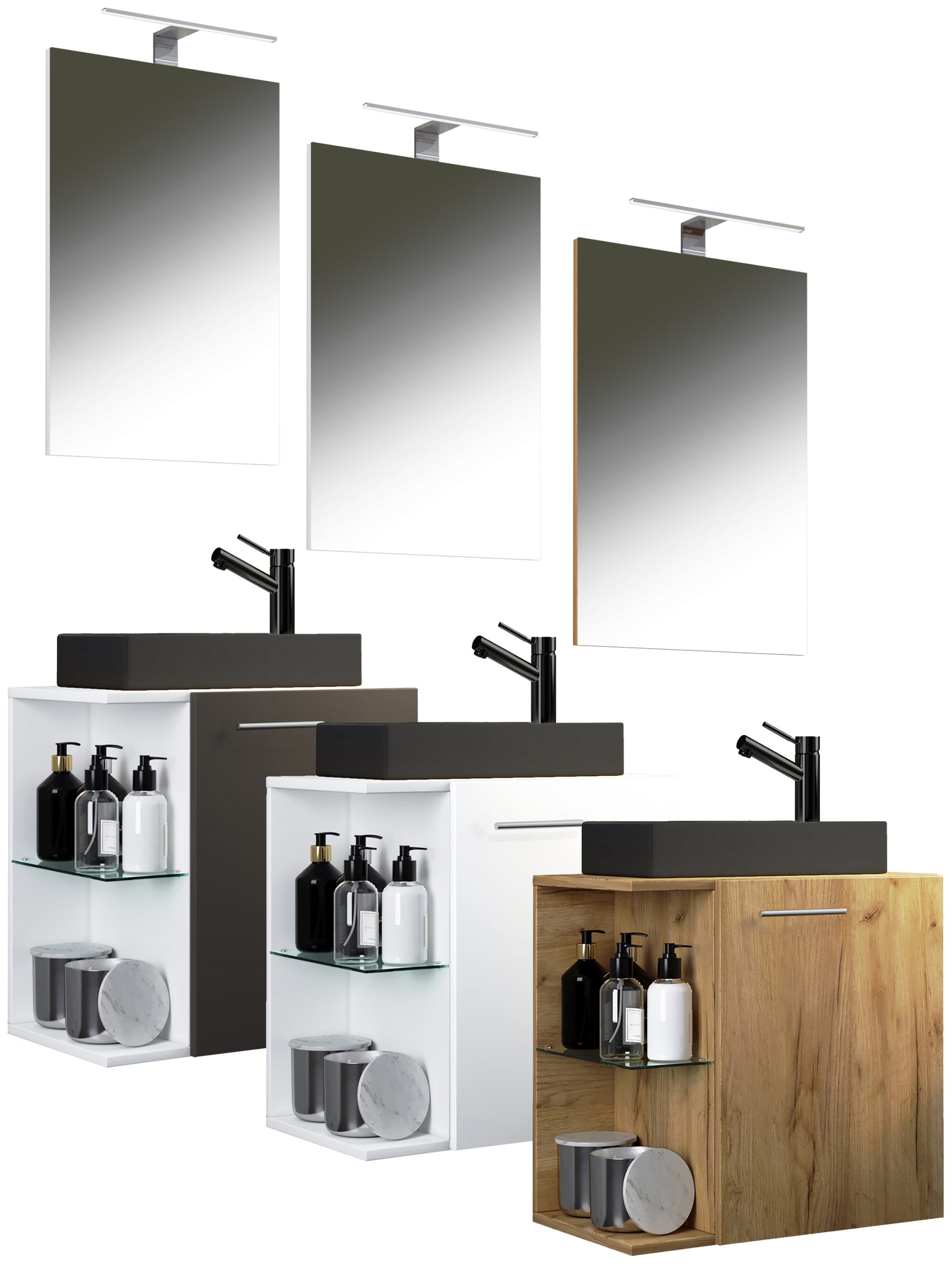 VCM 3-tlg Set   Waschplatz für Gäste WC   Gästebad   Waschtisch mit Spiegel   Badezimmer Set – Hausa SC-BL