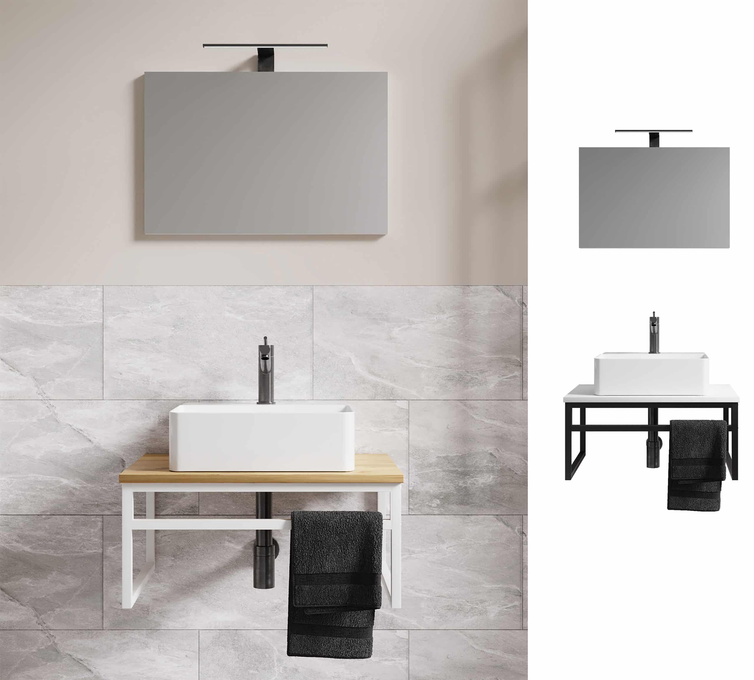 VCM 3-tlg. Waschplatz Waschtisch Badmöbel Set Waschbecken Holz Metall Industrial Style Bitila 60 V1