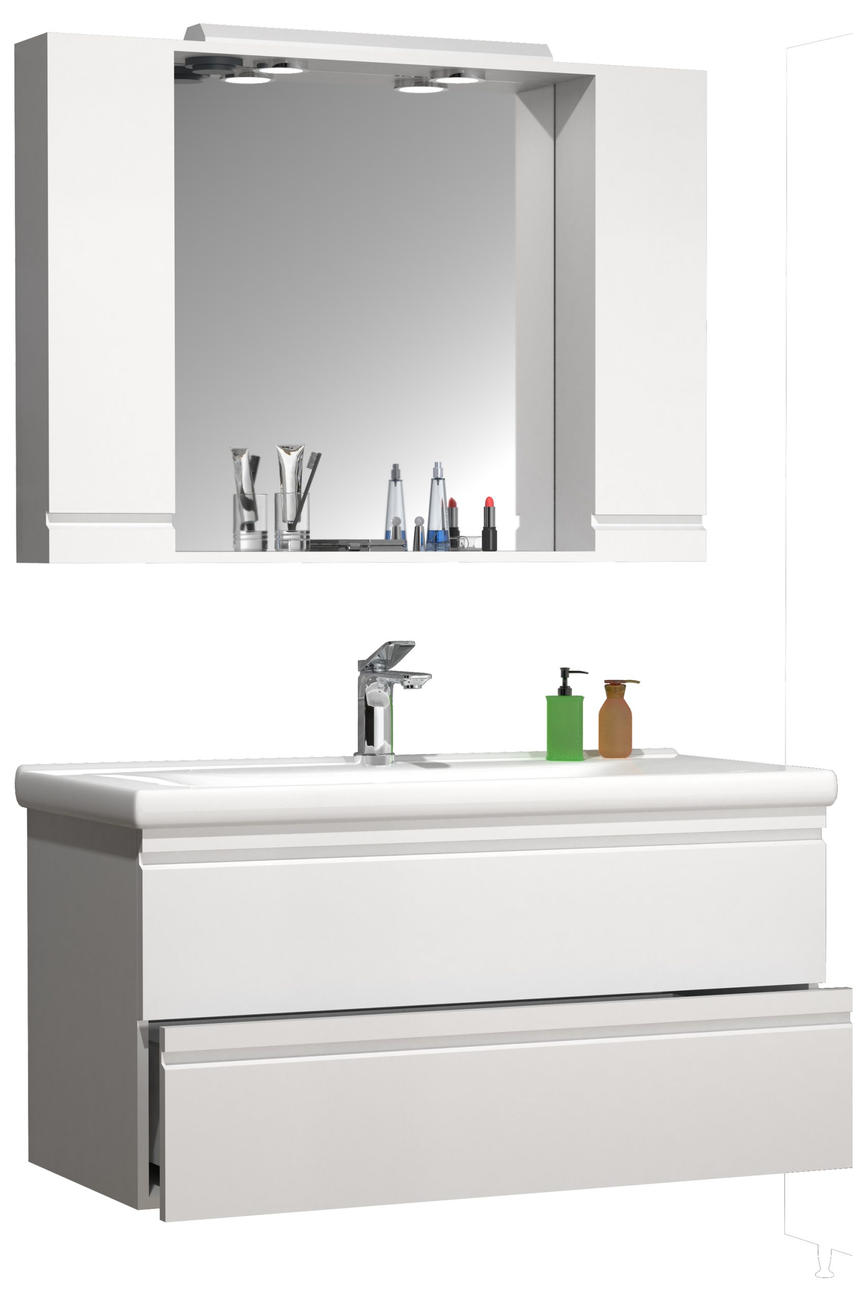 VCM 3-tlg. Waschplatz   Waschtisch Unterschrank 100 cm   Badmöbel Set mit Waschbecken   grifflose Schubladen   Spiegelschrank   Komplett Silora XL