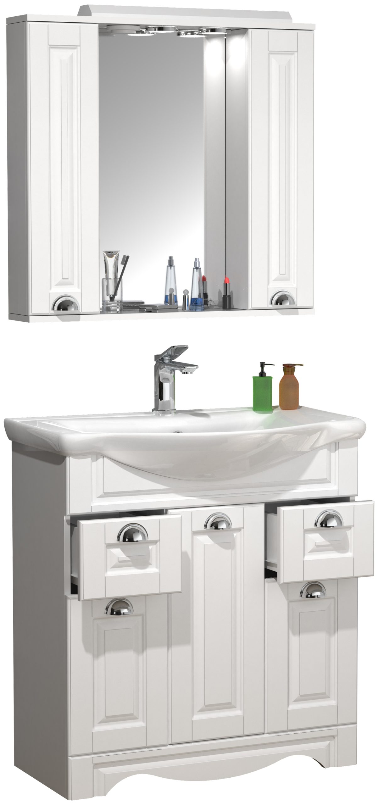 VCM 3-tlg. Waschplatz   Waschtisch Unterschrank 75 cm   Badmöbel Set mit Waschbecken und Spiegelschrank   praktische Schubladen   Landhaus   Komplettset Casalo XL