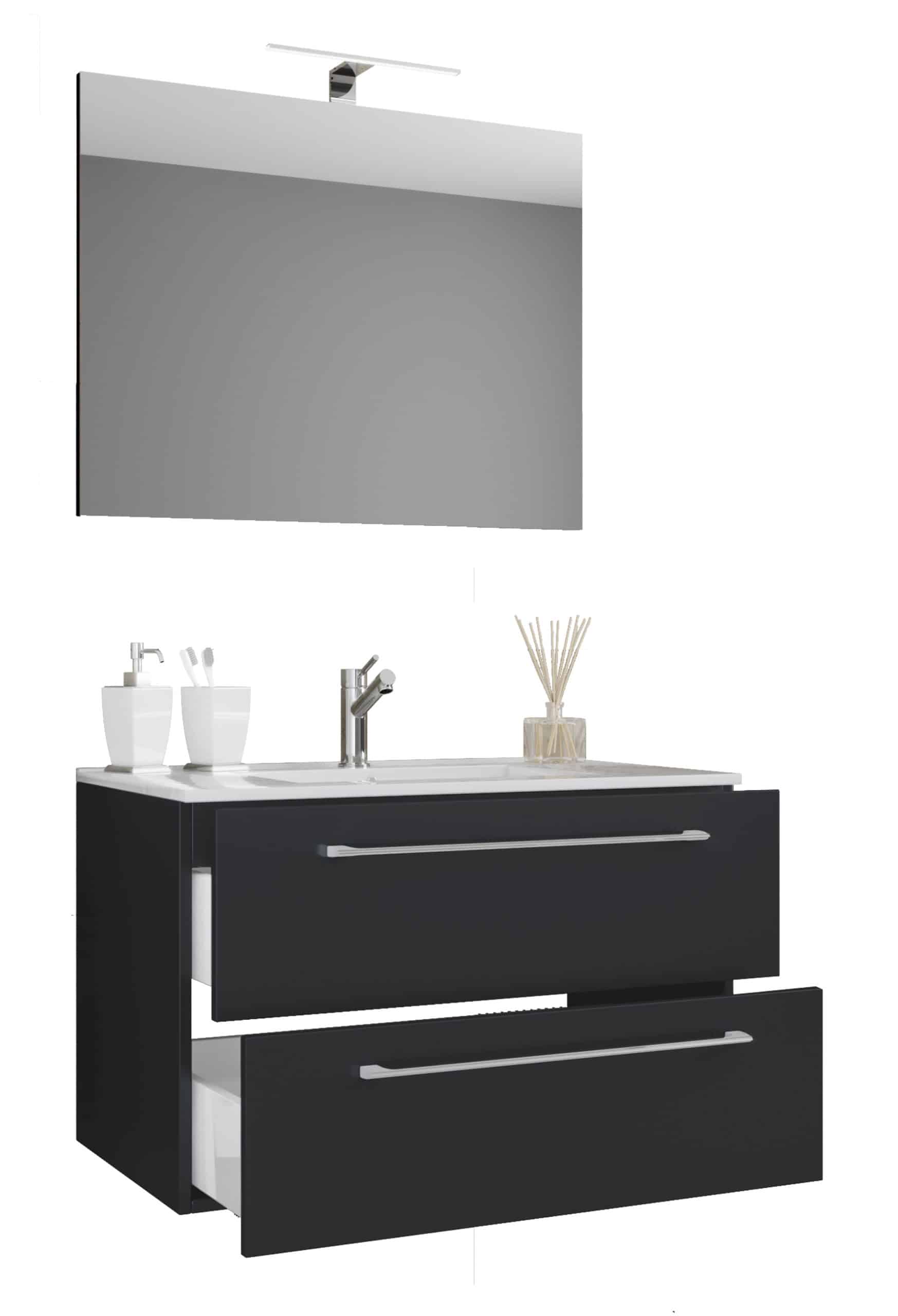 VCM 3-tlg. Waschplatz Waschtisch   Waschbecken Unterschrank Breite 60 cm   Badmöbel Set hängend mit zwei Schubladen Spiegel   Badinos