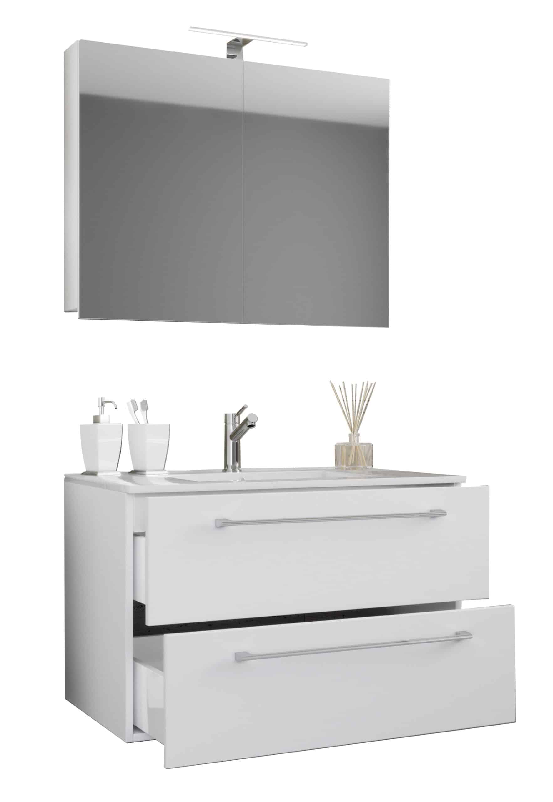 VCM 3-tlg. Waschplatz Waschtisch   Waschbecken Unterschrank Breite 60 cm   Badmöbel Set hängend mit zwei Schubladen Spiegelschrank   Badinos