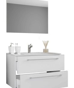 VCM 3-tlg. Waschplatz Waschtisch   Waschbecken Unterschrank Breite 80 cm   Badmöbel Set hängend mit zwei Schubladen Spiegel   Badinos
