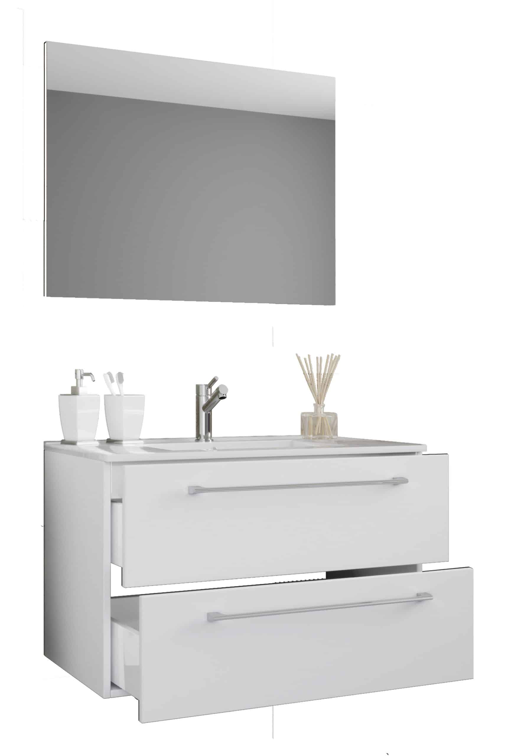 VCM 3-tlg. Waschplatz Waschtisch   Waschbecken Unterschrank Breite 80 cm   Badmöbel Set hängend mit zwei Schubladen Spiegel   Badinos