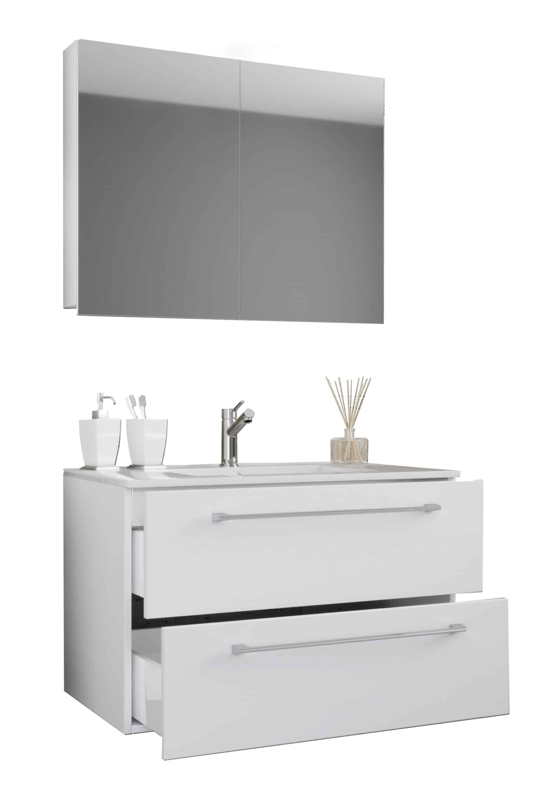 VCM 3-tlg. Waschplatz Waschtisch   Waschbecken Unterschrank Breite 80 cm   Badmöbel Set hängend mit zwei Schubladen Spiegelschrank   Badinos