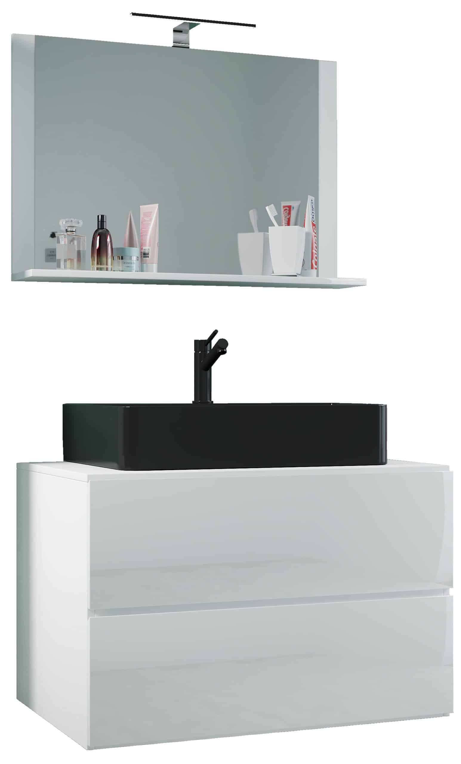 VCM 3-tlg. Waschplatz Waschtisch   Waschbecken Unterschrank Breite 80 cm   Badmöbel Set mit Schubladen Spiegel   Lendas M