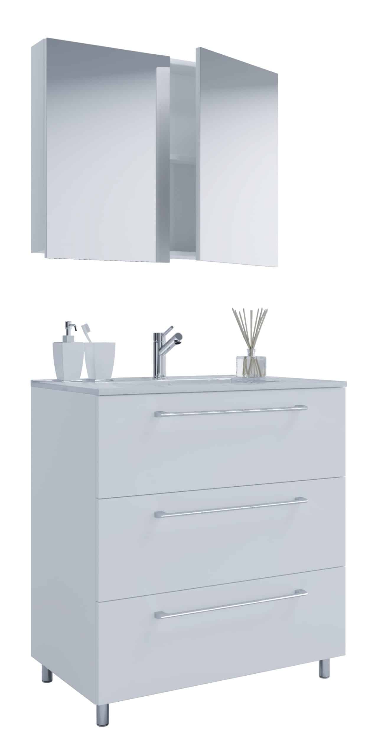 VCM 3-tlg. Waschplatz Waschtisch   Waschbecken Unterschrank Breite 80 cm   Badmöbel Set stehend mit drei Schubladen Spiegelschrank   Badinos